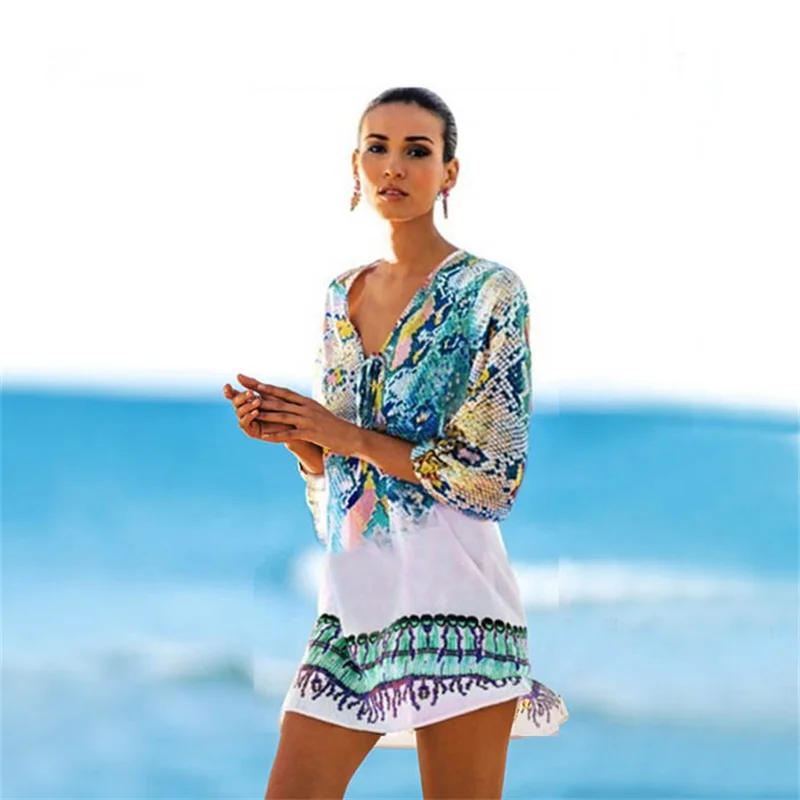 Женское летнее шифоновое бикини с v-образным вырезом, Короткое мини пляжное платье, халат с принтом, платье от солнца - Цвет: 02