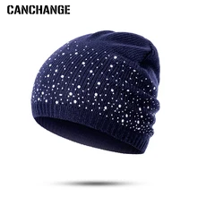 CANCHANGE новая зимняя Шапки Для женщин Хлопок шапочки Skullies однотонные Лидер продаж вязаный Для женщин зимние шапки с Стразы