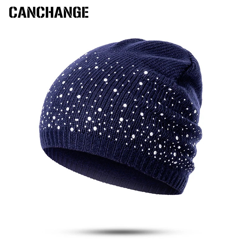 

CANCHANGE 2019 New Winter Hats Women's Cotton Beanies Skullies Solid Warm Hot Sale Knitted Women's Winter Caps With Rhinestone