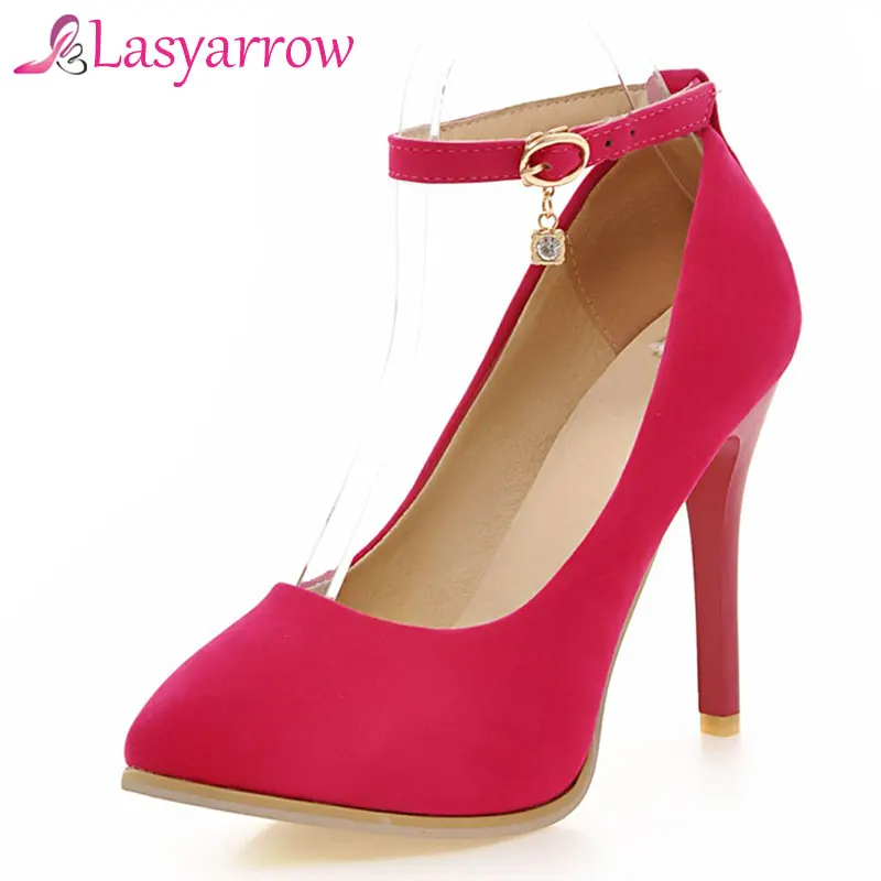 

Lasyarrow Suede Pumps Wedding Shoes Women Point Toe Red Black Beige Thin Heels 10cm Platform Ankle Strap Big Size 34-43 CC005