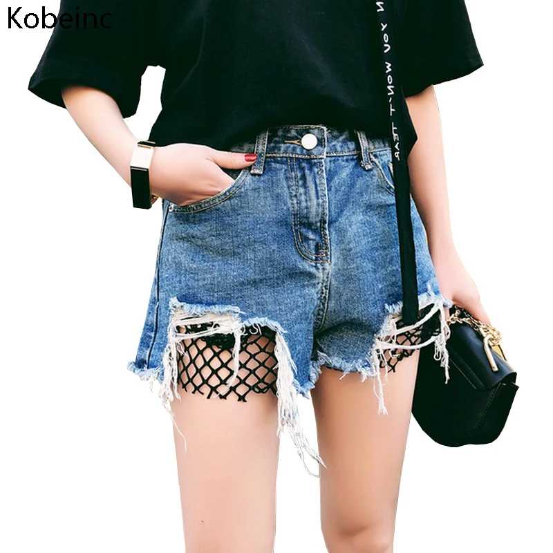 High Waist Jeans Streetwear Women Denim Shorts Mesh Frayed