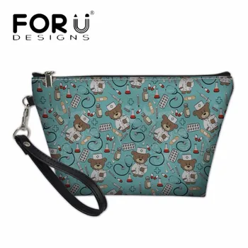 

FORUDESIGNS Funny Cartoon Nurse Bear 3D Printing Cosmetic Case Woman Brand Design PU Leather Make Up Bags Casual Makeup Bag Lady