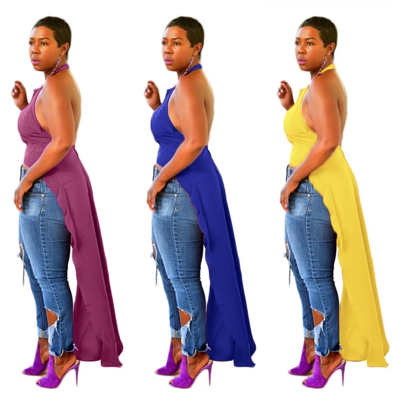

Halter Maxi Tshirt For Women Backless Asymmetrical Ropa Mujer Plus Size Sexy Side Split Cut Out Long African Style Camisetas