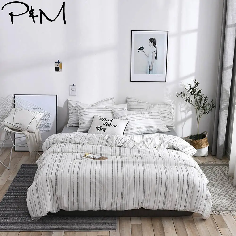 

2019 PAPA&MIMA Simple Stripes White Scandinavian Duvet Cover Set Queen King Customize Size Cotton Bedlinens Bedding Sets