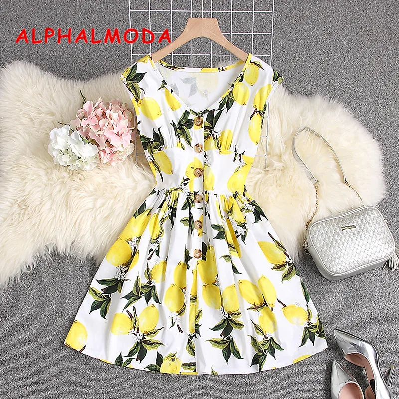 Женское однобортное платье без рукавов ALPHALMODA с цветочным принтом высокой талией