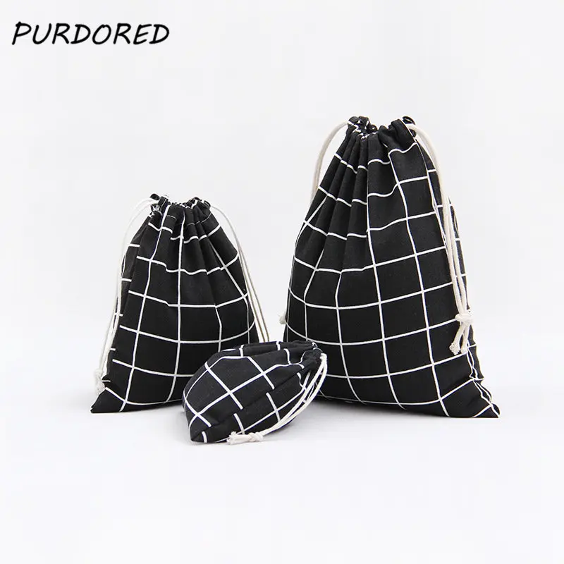  PURDORED 3 pcs/set Plaid Drawstring Bag Women Travel Organizer Cosmetic Package Bag Home Storage To