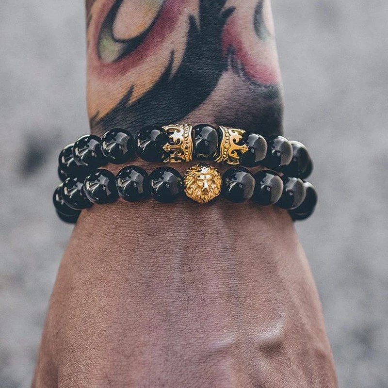 

OIQUEI 1pcs Bright Black Onyx Stone Lion Head Beaded Bracelet For Men 2018 Newest Natural Stone Beads CZ Bracelets Jewelry Gifts