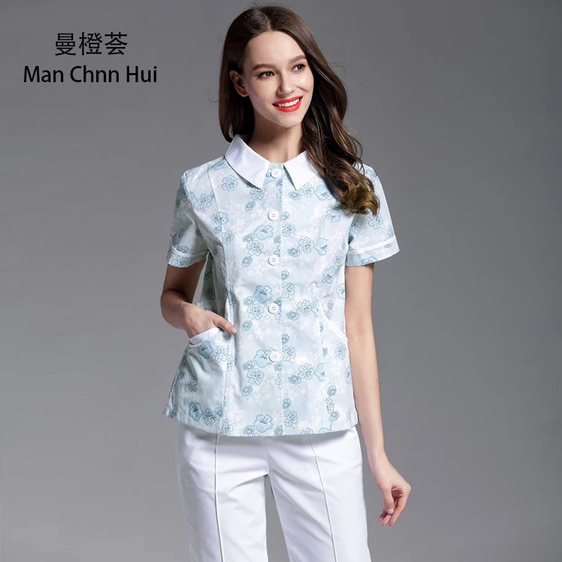 

Nurse service Party doll collar Split suit Summer Blue cherry blossom Drugstore Front desk Medical beauty salon Medical overalls