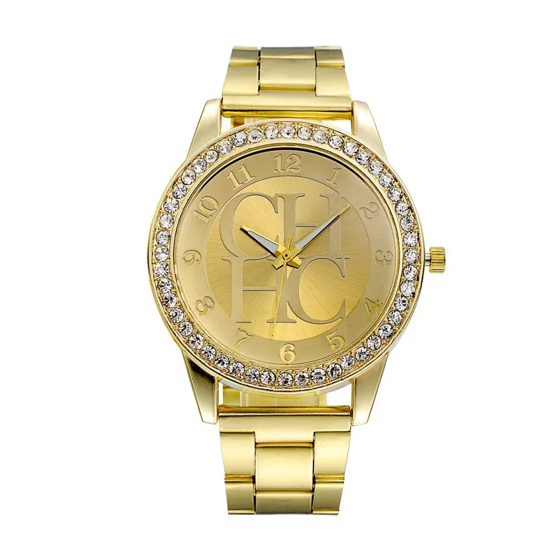 Бренд известный Золотой Кристалл повседневные кварцевые часы для женщин Стразы нержавеющая сталь платье часы Relogio Feminino часы Лидер продаж - Цвет: gold
