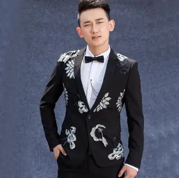 

men suits designs black embroidery stage costumes for singers men sequin blazer dance clothes jacket star style dress punk
