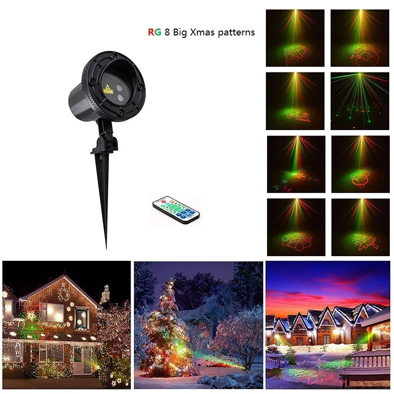 

Laser Projector RF Remote RG 8 Xmas Patterns lighting Outdoor Waterproof IP65 Garden Holiday Christmas show Red Green Landscape