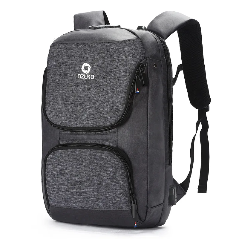 OZUKO мужской рюкзак с замком на молнии водонепроницаемые школьные сумки USB рюкзаки для ноутбука Многофункциональные Анти-Вор дорожные рюкзаки - Цвет: Черный