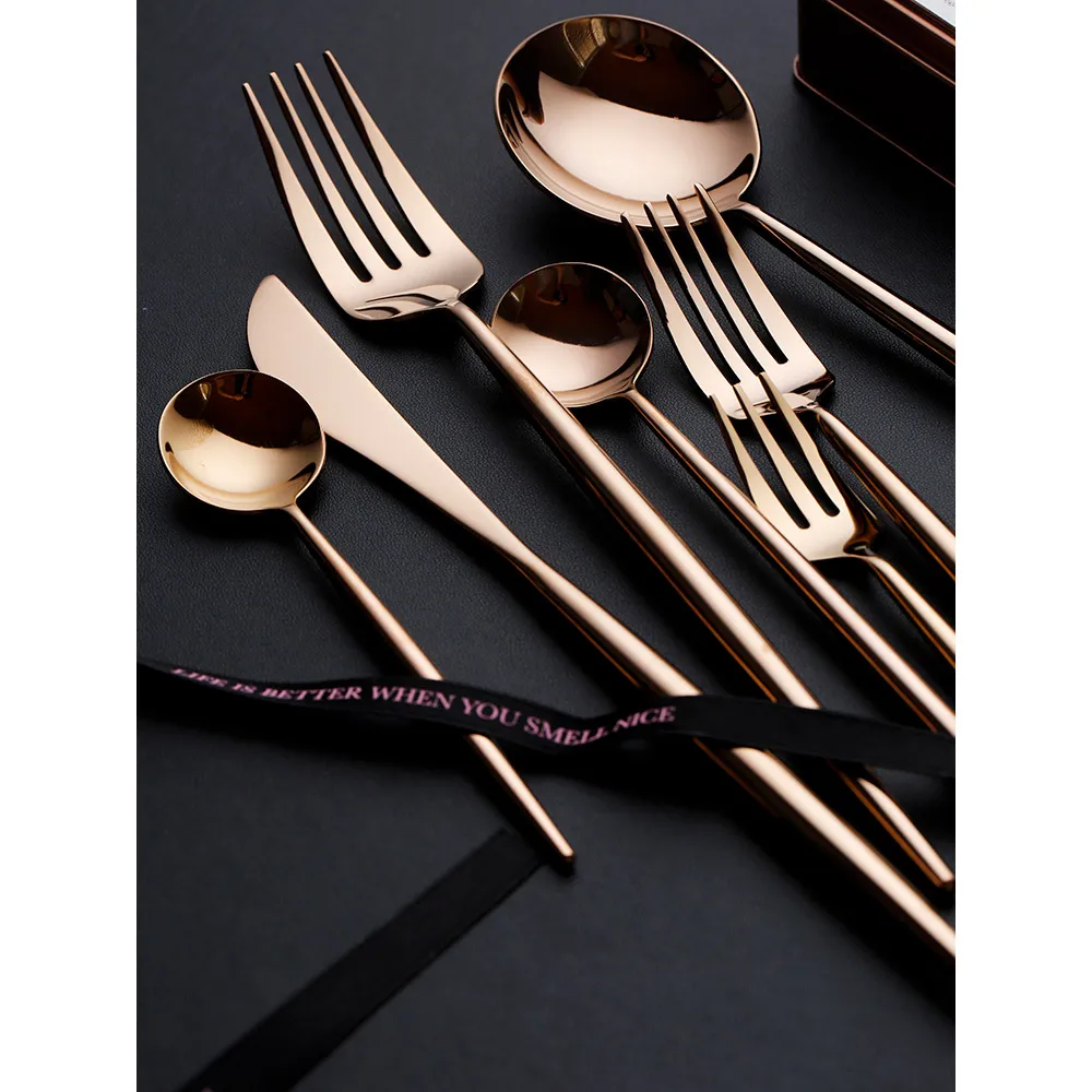 

rose gold steak knives forks 304 stainless steel dinner fork knife spoon European style food picks gifts for friend