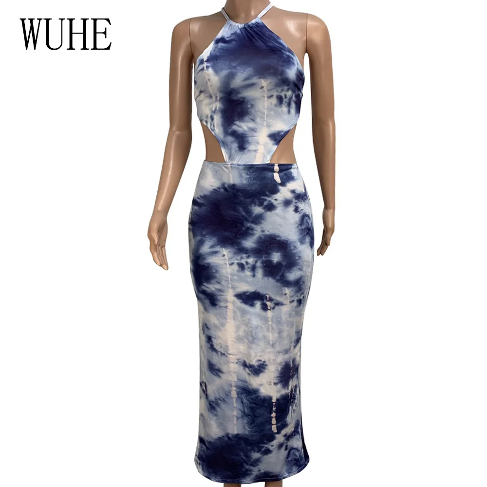 WUHE Summer Vintage Tie-dyed Printed Halter Party Maxi Dress Elegant Sleeveless Back Lace-up Bodycon Pencil Women Dresses
