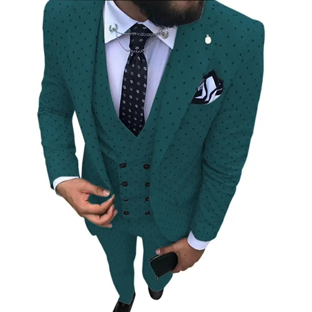 Мужской костюм Poika в горошек, 3 предмета, новейший дизайн пальто, брюки, смокинги с отворотом, Женихи, мужские свадебные/вечерние(Блейзер+ жилет+ брюки - Цвет: Teal