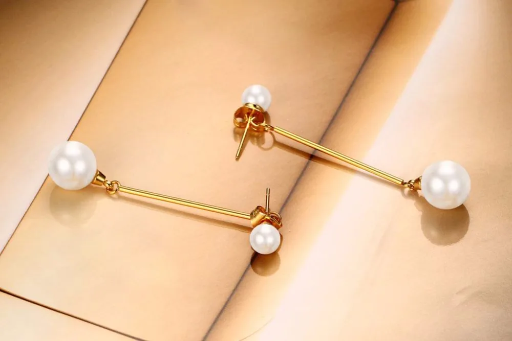 Vnox двойной круглый имитация Серьги с жемчугом для Для женщин длинные Нержавеющая сталь Золото-Цвет Новинка года