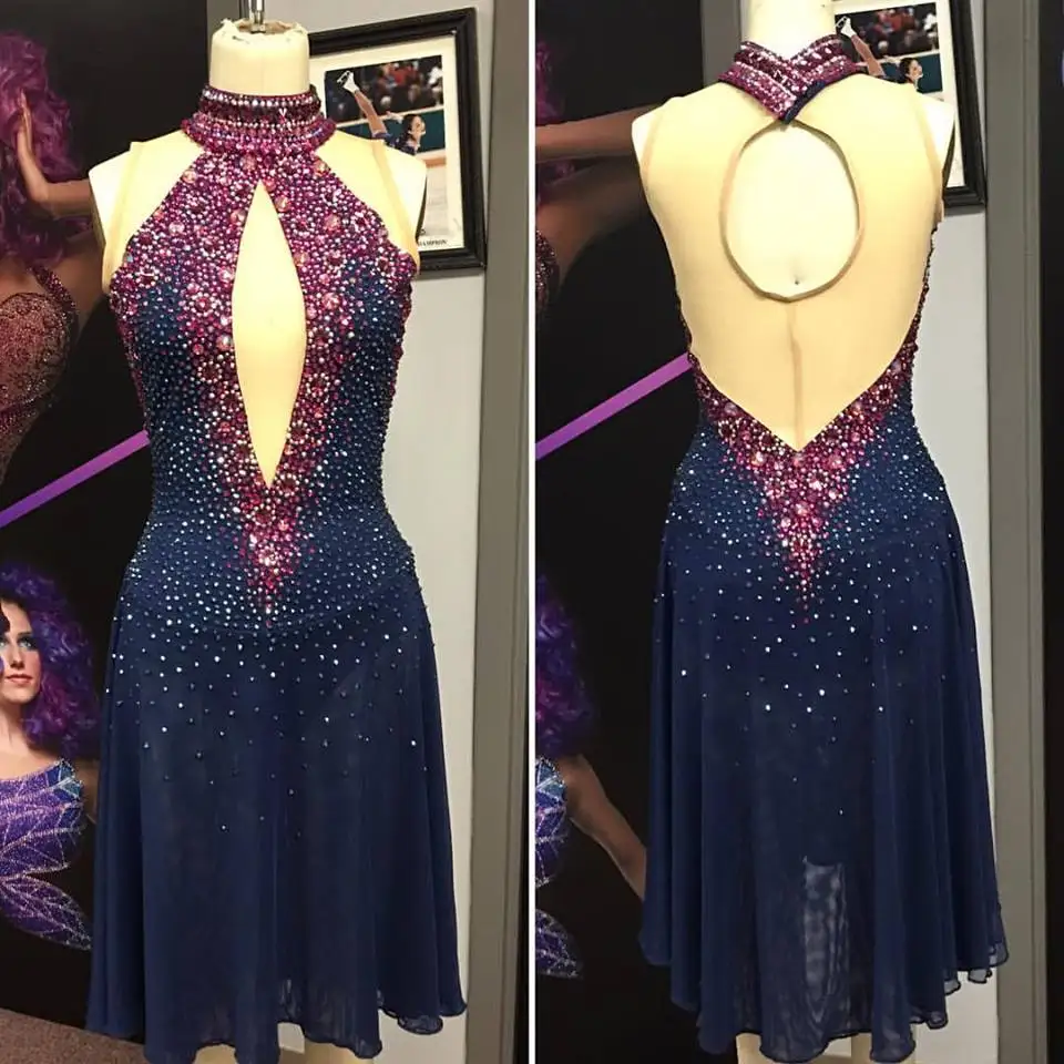 

latin dance dress women dark blue hight-neck latin dance dress Sleeveless ballroom dance dress tango dress custom-made handmade