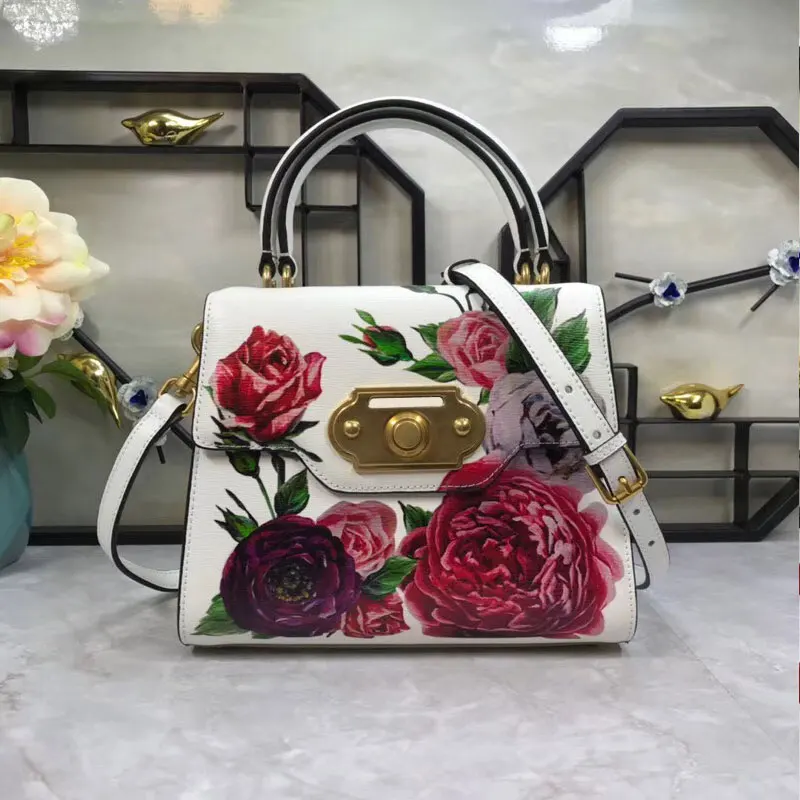 

New European and American Peony Flower Printing Lady's Lock-button Handbag Retro-ancient Clock Printing Single Shoulder Skew Pac