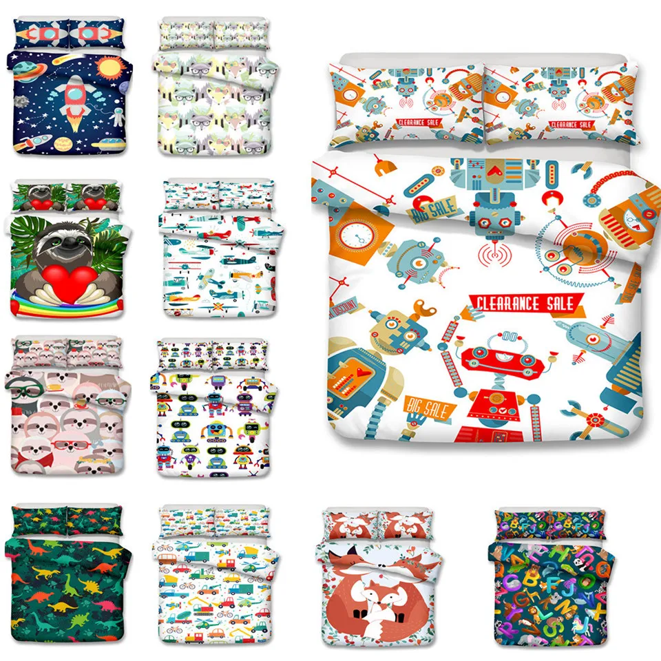 

Children Bed Linen With Cartoon Fox 3D Kids Bedding Set Robot Comforter Bed Set White With Animal Car Printed For Boy Double