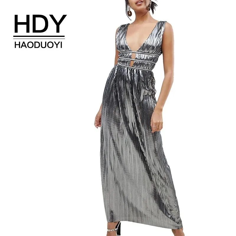 

HDY Haoduoyi Femme Summer Stylish Sexy Elegant Party Club Metallic Sheath Solid Color Hollow Out Silver Deep V-Neck Dress