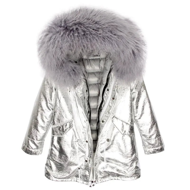 OFBUT, зимняя женская куртка, пальто с натуральным мехом, длинная парка, воротник из натурального меха монгольской овцы, гусиный пух, пальто, Толстая теплая уличная одежда - Цвет: silver grey