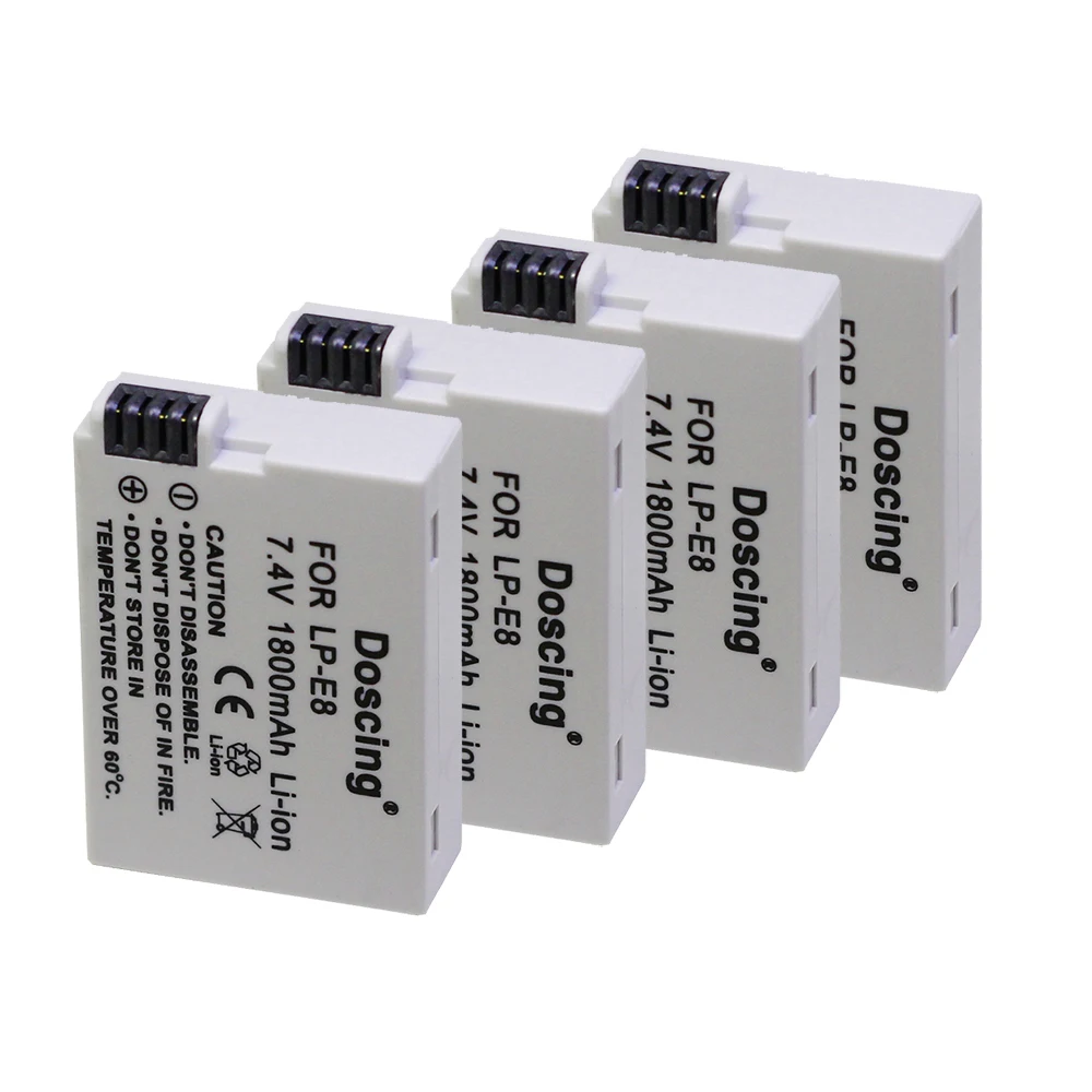 Doscing 4 pcs 1800mAH LP-E8 LP E8 LPE8 Rechargeable Batteries for Canon 550D 600D 50D 700D Battery | Электроника
