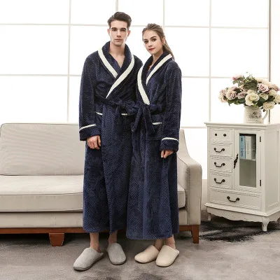 

New Knitted Flannel Robes For Women and Men Autumn Winter Thicken Warm Couples Bathrobe Plus Size Long Kimono Elegant Loungewear
