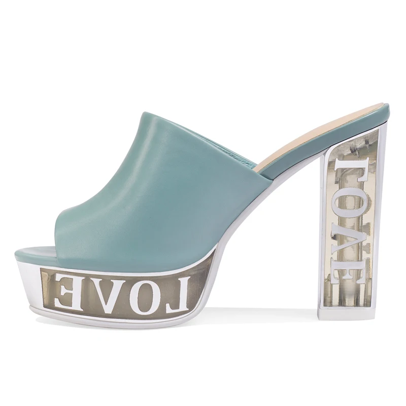 

Blue Leather Sexy Mule Slippers for Women Peep-toe Platform Pumps 10.5 CM Chunky Heels Party Shoes Box packing B-0708
