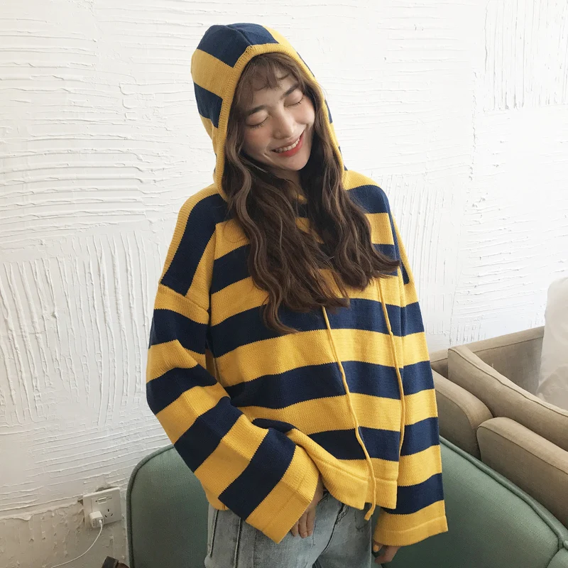 Korean Style Contrast Stripe Hooded Sweater Women 2018