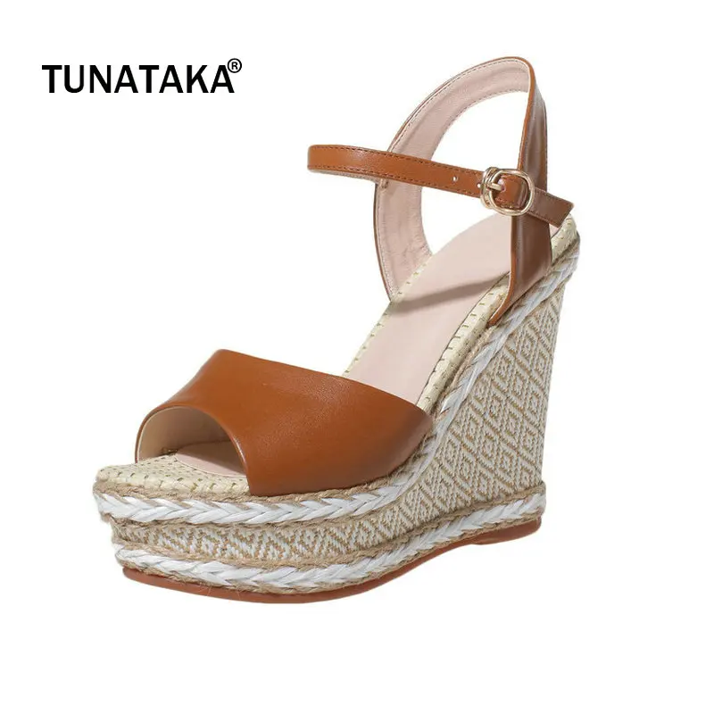 

Genuine Leather Platform Wedges High Heel Summer Woman Sandals Fashion Buckle Dress Shoes Woman Brown Apricot