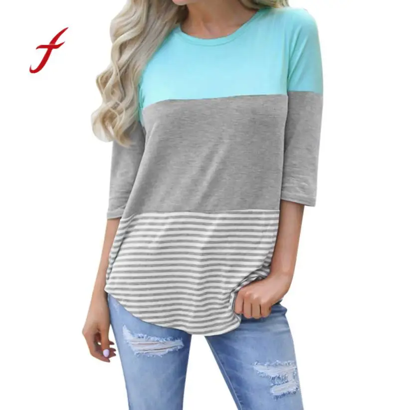 

High Quality Women's Casual Loose Striped Patchwork Lace Three Quarter Sleeve Shirts Summer Tops for Woman