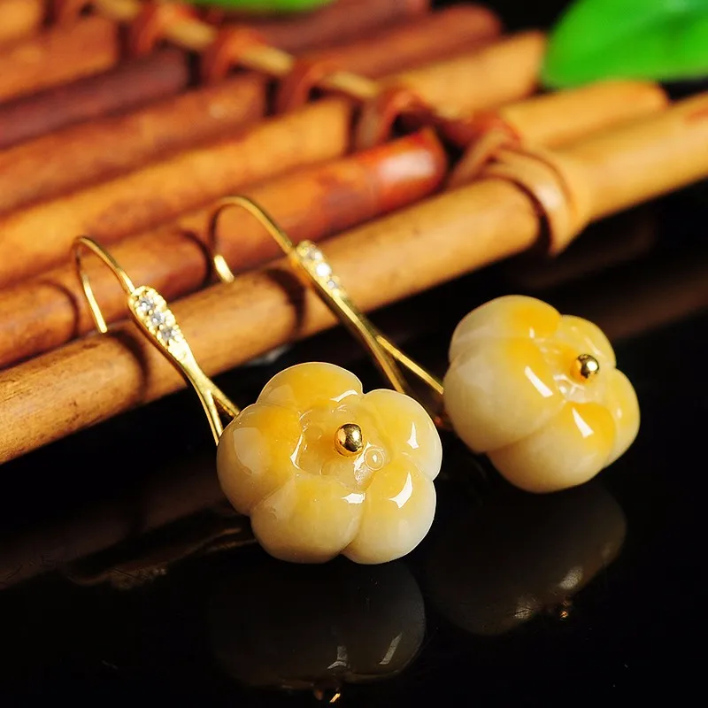

New Arrival 925 Sterling Silver Yellow Jadeite Lotus Women's Dangle Earrings Gift With certificate