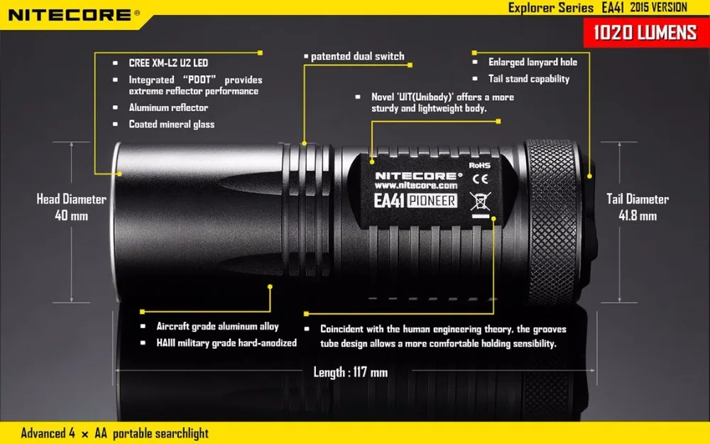 Аккумуляторный Фонарь NITECORE EA41 EA41W CREE XM-L2 U2 светодиодный Макс. 1020 люмен расстояние луча 335 м водонепроницаемый фонарь