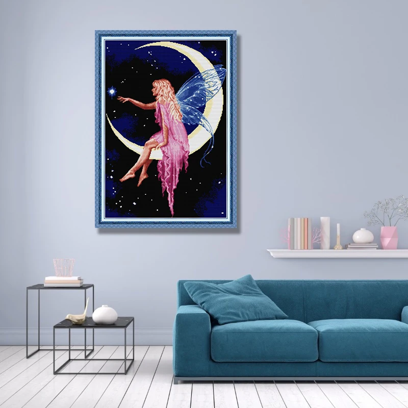 The Moon Fairy Paintings Aida Canvas Cross-stitch DIY Handwork Crafts Beginner Embroidery Sets Wholesale Home Decor Needlework