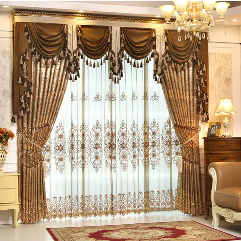 Cortinas bordadas de oro de lujo para sala de estar cortinas de Valance de estilo europeo tratamiento de ventana decorativo L-37
