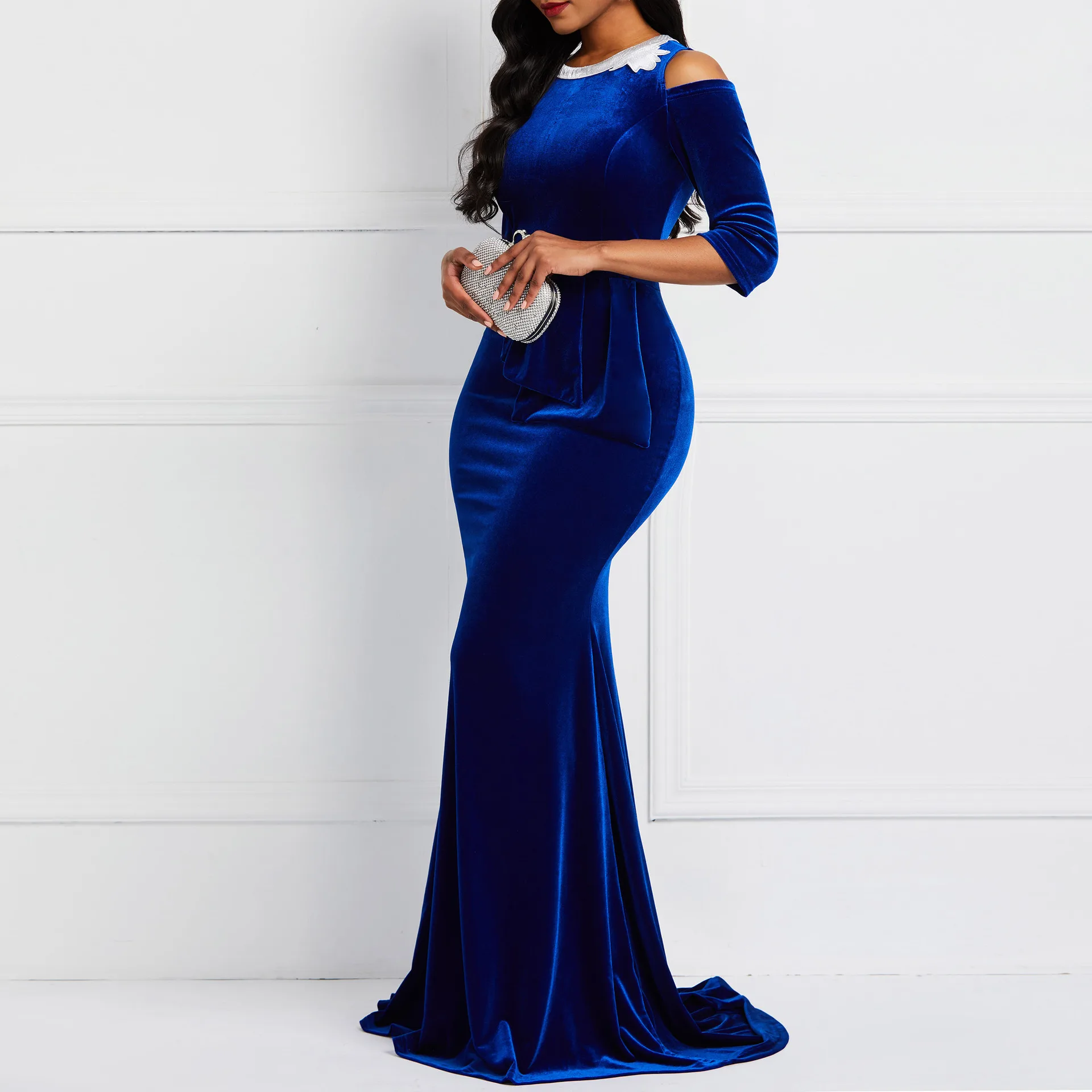 

Women's Vintage Pleuche Slim Blue Floor Length Dress Embroidery Evening Party Long Dresses