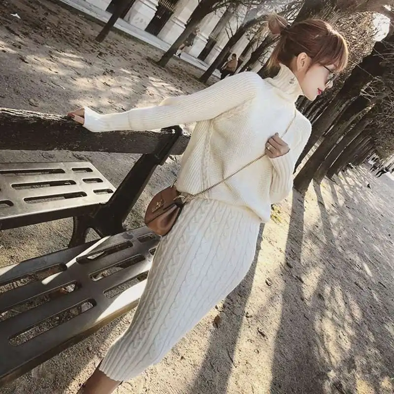 

Twist Knitted 2 Piece Set Women Long Sleeve Turtleneck Pullover Sweater + Split Pencil Skirt Set Lady Runway Knitting Skirt Suit