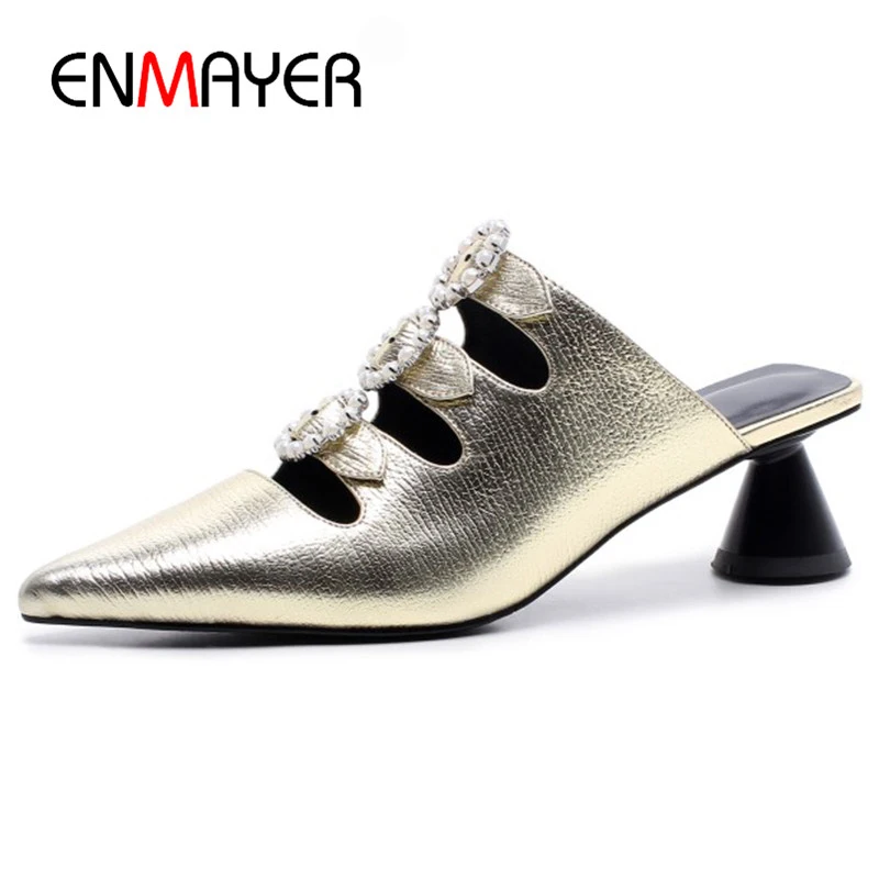 

ENMAYER Shoes Woman Sheepskin High Heels Sexy Summer Sandals Pumps Black Golden Pointed Toe Solid Slip On Shoes Party Pumps