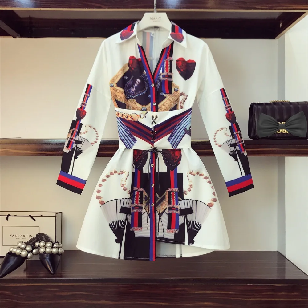 

Europe Style 2019 Trendy Women Long Sleeves Turn-down Collar Print Dress Female Beautiful Dresses A939