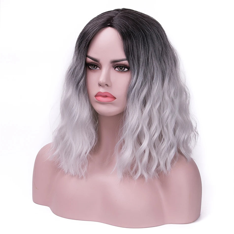 Rosa Star Short Wavy Synthetic Wigs For Women Middle Part Black Heat Resistant Cosplay Costume Wig 11 Color - Color: Black To Gray