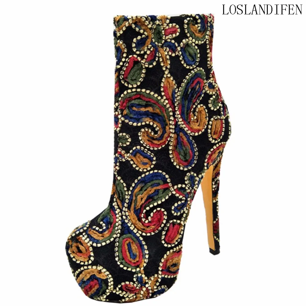 

2018 New Art Style Ladies Handmade High Heel Boots Print Butterfly Deco Round-toe Party Retro Prom Fashion Ankle Booties X1742