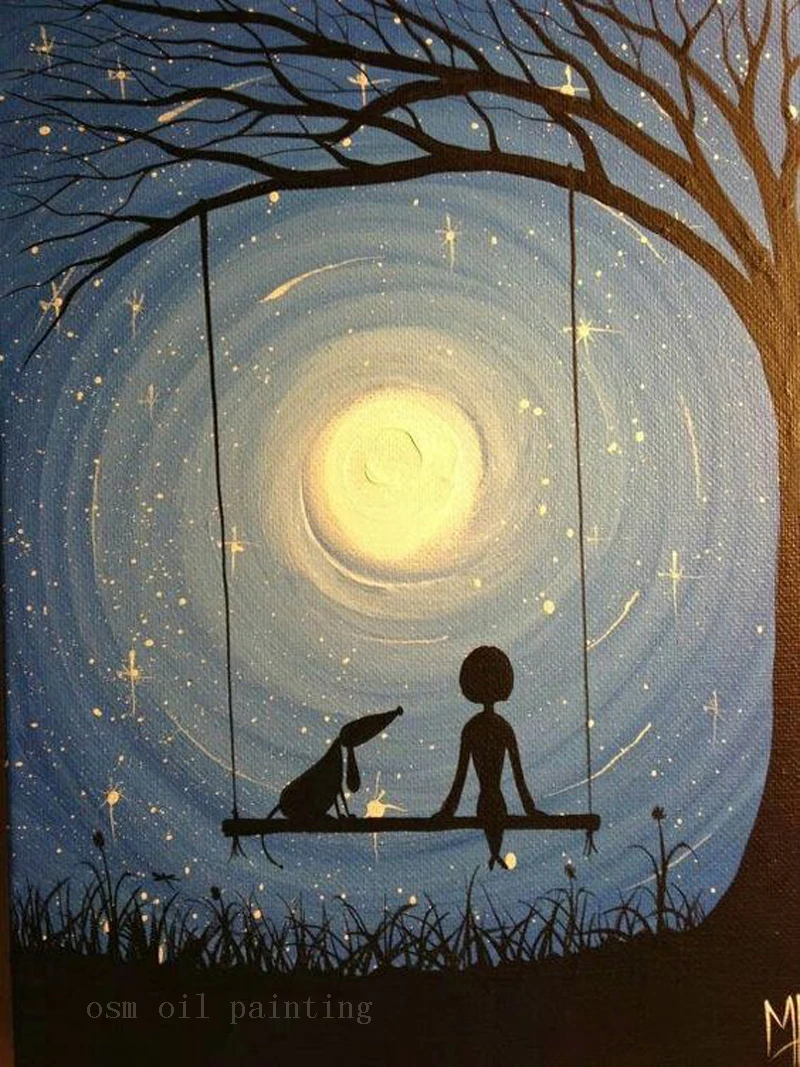 

Hand Painted Landscape Wall Art Canvas Picture Handmade Modern Abstract Gril and Pet Swing with Moon Under the Tree Oil Painting