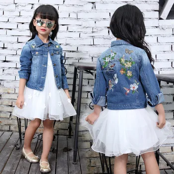 

3-14 Years Autumn Girls Denim Jackets Coats Kids Jeans Outerwear Coat for Children Girls Flower Embroidery Denim Jacket Clothing