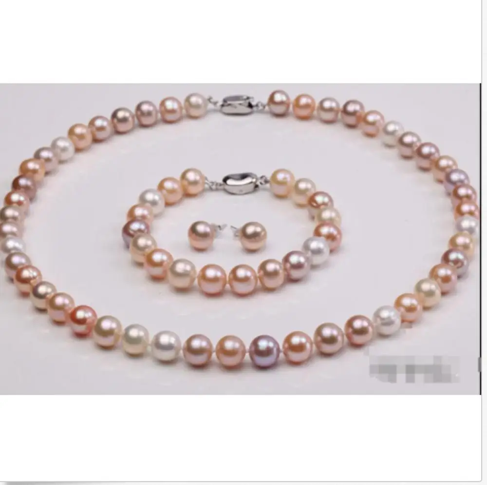 Набор из 9-10 мм круглое ожерелье с разноцветным жемчугом и серьгами и браслетом