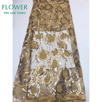 

Gold Sequined Lace Fabrics Unique Style 2019 Guinea French Sequins Guipure Mesh Tulle Laces Evening Prom Dresses Voile Material