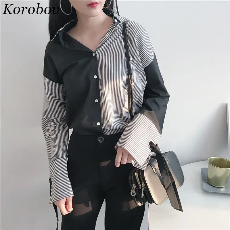 

Korobov Stripe Blouse Contrast Color Patchwork Shirts Long Sleeve Lace-up Turn-down Collar Tops Woman Causal Spring Shirts 202