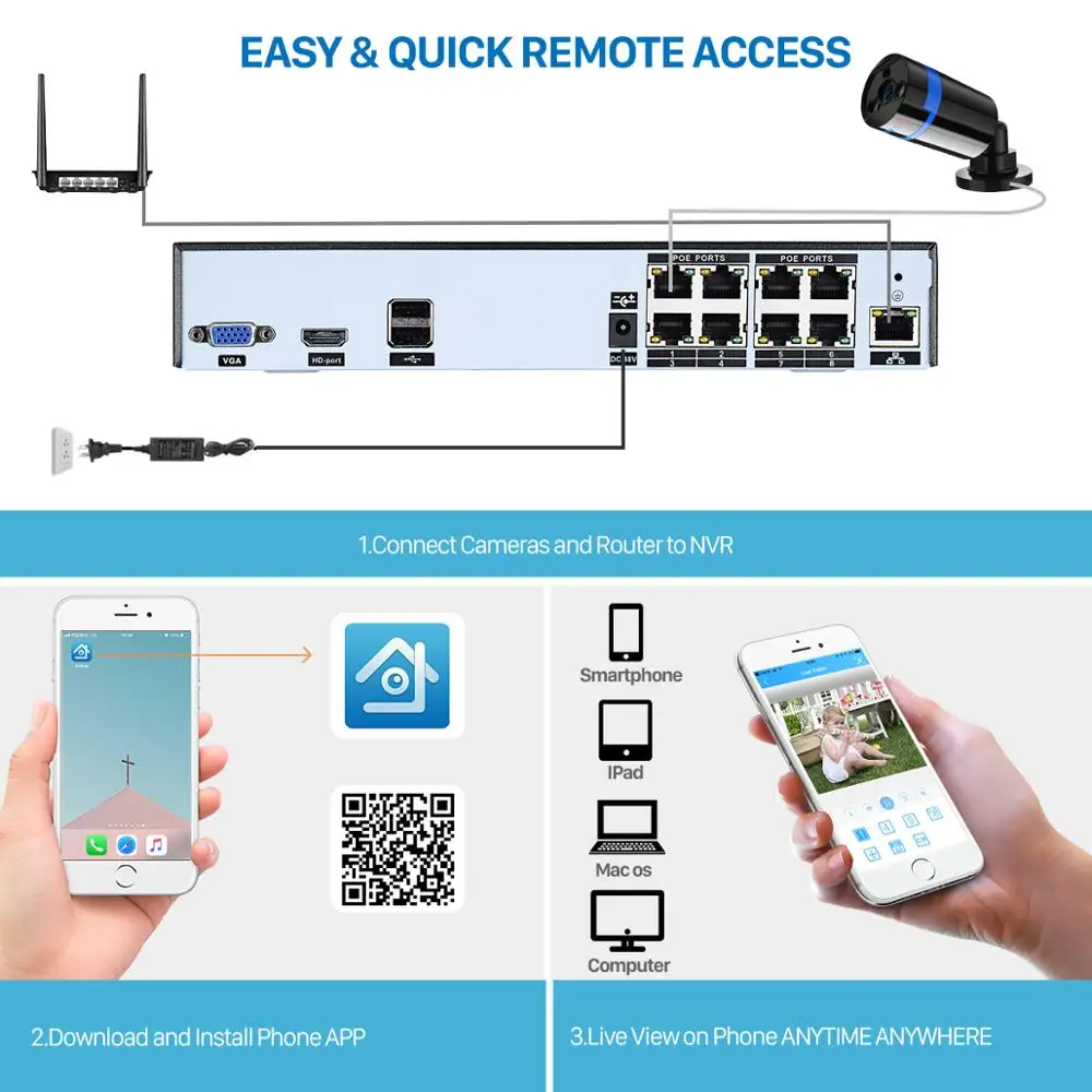 Besder 8CH наблюдения PoE NVR комплект H.265 3MP движения оповещения P2P системы безопасности с 8 шт. ИК Открытый IP камера PoE 3MP/2MP 48 В