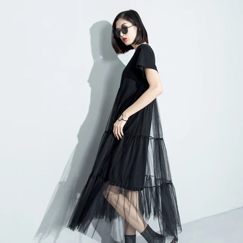 [Gutu] летние новые модные шить чистая пряжа перспективы сплошной цвет o-с коротким рукавом Свободные платья Женщины 3361 - Цвет: black