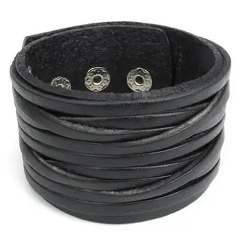 

Male female jewelry bracelet wide leather bangle genuine leather push button black