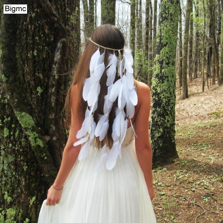 Новые женские украшения для волос с белыми перьями, растягивающаяся богемная индийская повязка на голову для невесты, вечерние украшения в подарок, A5003